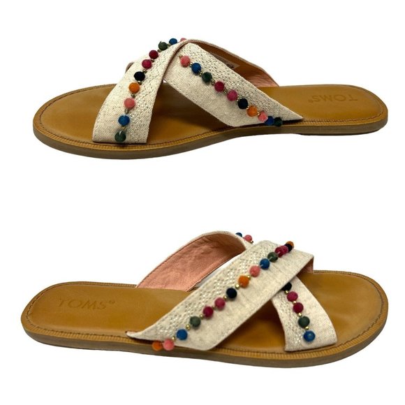 Toms Viv Pom Pom Slide Sandal Womens 10 Natural Hemp Casual Slip On Open Toe - Picture 2 of 5